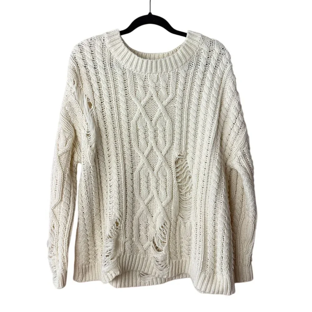 Revolve JOA Distressed Cable Knit Sweater Womens S Cream Oversized Pullover Edgy